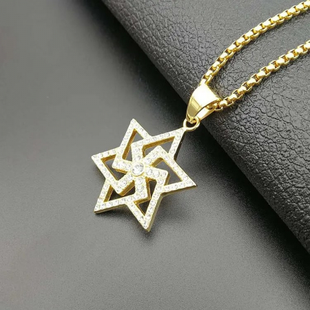 Lantisor Hip Hop design cubic cu pandantiv in forma de stea hexagonala, otel inoxidabil, placat cu aur 18K, pietre zirconiu, Tessero, auriu [1]