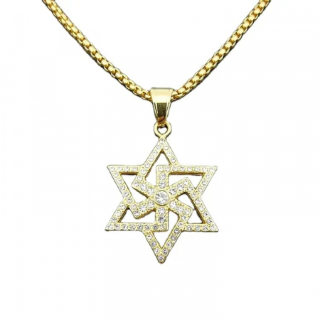 Bijuterii barbati - Lantisor Hip Hop design cubic cu pandantiv in forma de stea hexagonala, otel inoxidabil, placat cu aur 18K, pietre zirconiu, Tessero, auriu