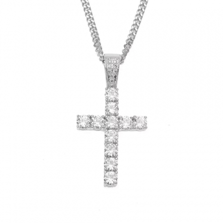 Bijuterii barbati - Lantisor Hip Hop Iced Out cu pandantiv in forma de cruce, pietre zirconiu, placat cu aur 18K, unisex, Tessero, argintiu