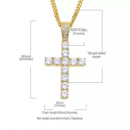Bijuterii barbati - Lantisor Hip Hop Iced Out cu pandantiv in forma de cruce, pietre zirconiu, placat cu aur 18K, unisex, Tessero, auriu