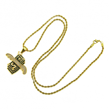 Bijuterii barbati - Lantisor Hip Hop model Rope cu pandantiv in forma de dolar cu aripi, zirconiu verde, placat cu aur 18K, Tessero, auriu