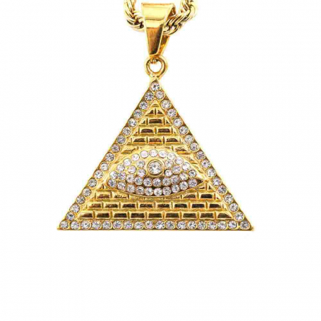 Bijuterii barbati - Lantisor Hip Hop model Rope cu pandantiv in forma de piramida Illuminati, otel inoxidabil, placat cu aur 18K, pietre zirconiu, Tessero, auriu
