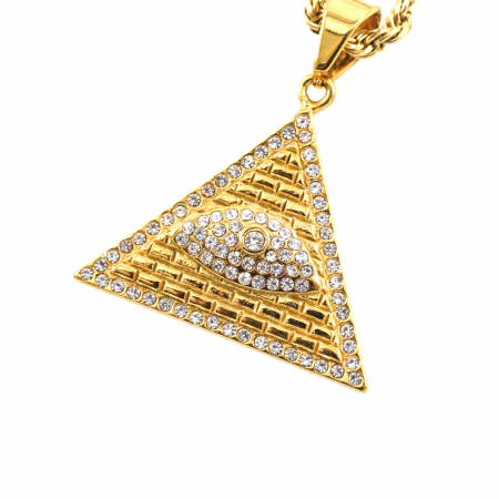 Lantisor Hip Hop model Rope cu pandantiv in forma de piramida Illuminati, otel inoxidabil, placat cu aur 18K, pietre zirconiu, Tessero, auriu [1]