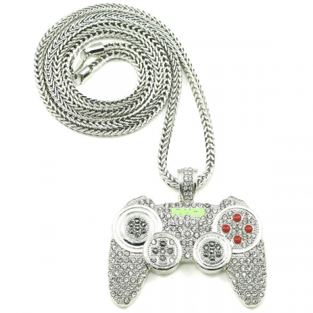 Bijuterii barbati - Lantisor Iced Out Gaming Controller cu pandantiv in forma de maneta de joc, pietre zirconiu, placat cu aur 18K, argintiu