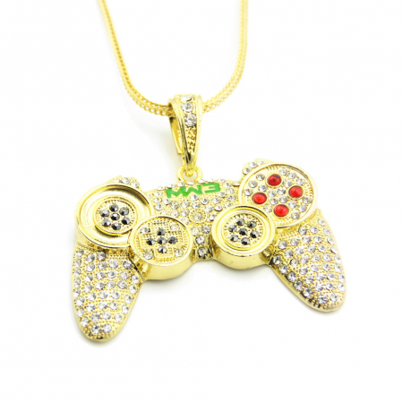 Lantisor Iced Out Gaming Controller cu pandantiv in forma de maneta de joc, pietre zirconiu, placat cu aur 18K, auriu [1]
