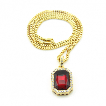 Lantisor model Hip Hop cu pandantiv cu efect de Rubin, pietre zirconiu, unisex, 60 cm, Tessero, auriu [2]