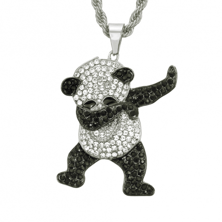 Lantisor model Rope cu pandantiv Hip Hop Iced Out in forma de ursulet Panda, pietre zirconiu, otel inoxidabil placat cu aur 18K, unisex, Tessero, argintiu [1]
