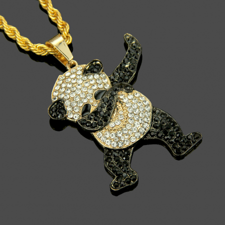 Bijuterii barbati - Lantisor model Rope cu pandantiv Hip Hop Iced Out in forma de ursulet Panda, pietre zirconiu, otel inoxidabil placat cu aur 18K, unisex, Tessero, auriu