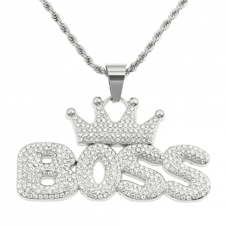 Lantisor model Rope cu pandantiv Hip Hop Iced Out inscriptionat BOSS cu coroana, pietre zirconiu, otel inoxidabil placat cu aur 18K, unisex, Tessero, argintiu [2]