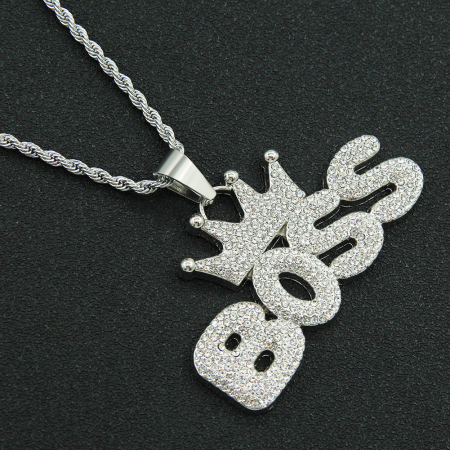 Bijuterii barbati - Lantisor model Rope cu pandantiv Hip Hop Iced Out inscriptionat BOSS cu coroana, pietre zirconiu, otel inoxidabil placat cu aur 18K, unisex, Tessero, argintiu