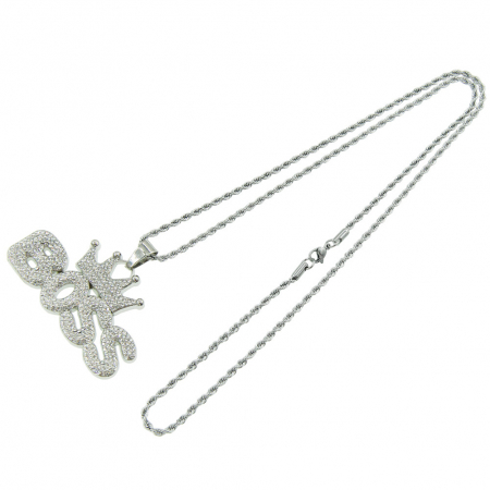 Lantisor model Rope cu pandantiv Hip Hop Iced Out inscriptionat BOSS cu coroana, pietre zirconiu, otel inoxidabil placat cu aur 18K, unisex, Tessero, argintiu [1]