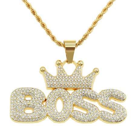 Lantisor model Rope cu pandantiv Hip Hop Iced Out inscriptionat BOSS cu coroana, pietre zirconiu, otel inoxidabil placat cu aur 18K, unisex, Tessero, auriu [1]
