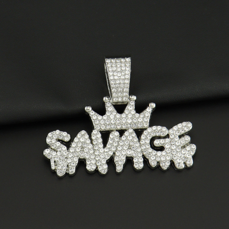 Lantisor model Rope cu pandantiv Hip hop in forma de coroana cu inscriptie " Savage ", placat cu aur 18K, pietre zirconiu, Tessero, argintiu [1]