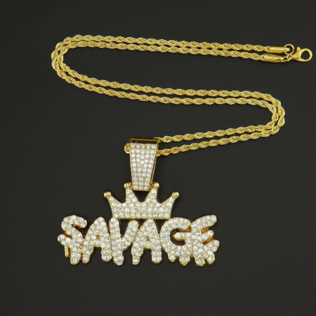 Lantisor model Rope cu pandantiv Hip hop in forma de coroana cu inscriptie " Savage ", placat cu aur 18K, pietre zirconiu, Tessero, auriu [3]