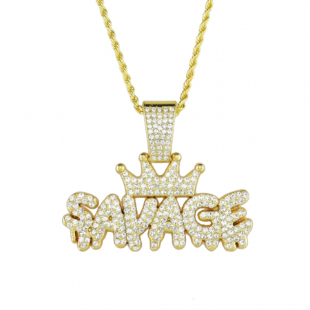 Bijuterii barbati - Lantisor model Rope cu pandantiv Hip hop in forma de coroana cu inscriptie " Savage ", placat cu aur 18K, pietre zirconiu, Tessero, auriu