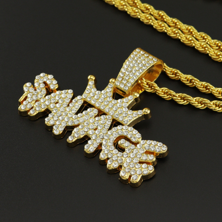 Lantisor model Rope cu pandantiv Hip hop in forma de coroana cu inscriptie " Savage ", placat cu aur 18K, pietre zirconiu, Tessero, auriu [2]