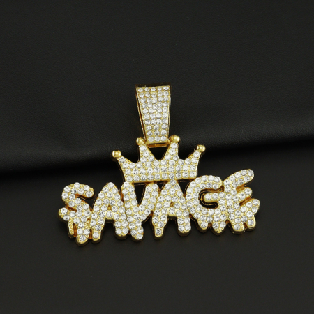 Lantisor model Rope cu pandantiv Hip hop in forma de coroana cu inscriptie " Savage ", placat cu aur 18K, pietre zirconiu, Tessero, auriu [1]