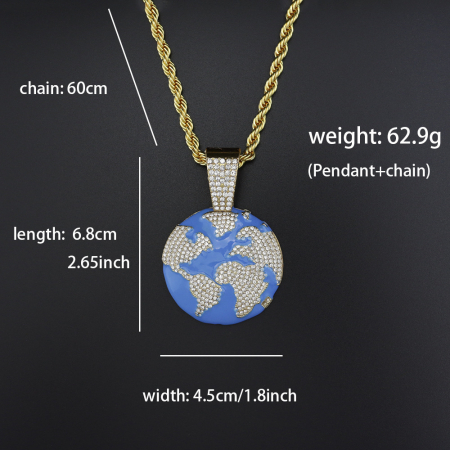 Bijuterii barbati - Lantisor model Rope cu pandantiv Hip hop in forma de glob pamantesc, placat cu aur 18K, pietre zirconiu, Tessero, auriu
