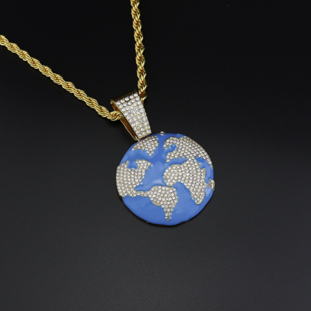 Lantisor model Rope cu pandantiv Hip hop in forma de glob pamantesc, placat cu aur 18K, pietre zirconiu, Tessero, auriu [1]