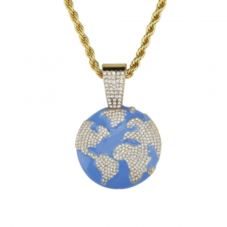 Lantisor model Rope cu pandantiv Hip hop in forma de glob pamantesc, placat cu aur 18K, pietre zirconiu, Tessero, auriu [2]