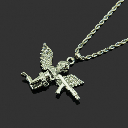 Lantisor model Rope cu pandantiv Hip Hop in forma de ingeras cu AK47, otel inoxidabil placat cu aur 18K, Tessero, argintiu [1]