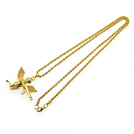 Lantisor model Rope cu pandantiv Hip Hop in forma de ingeras cu AK47, otel inoxidabil placat cu aur 18K, Tessero, auriu [1]