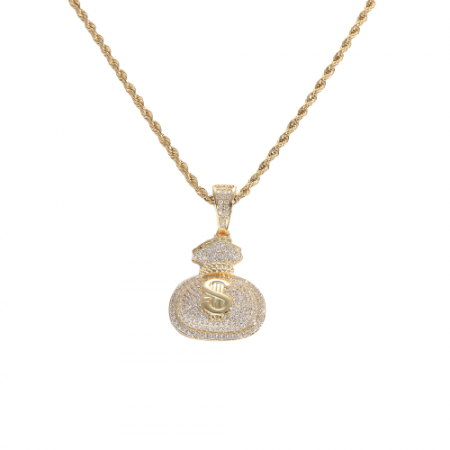 Lantisor model Rope cu pandantiv Hip Hop in forma de sac cu bani, otel inoxidabil placat cu aur 18K, pietre zirconiu, semn dolar, Tessero, auriu [2]