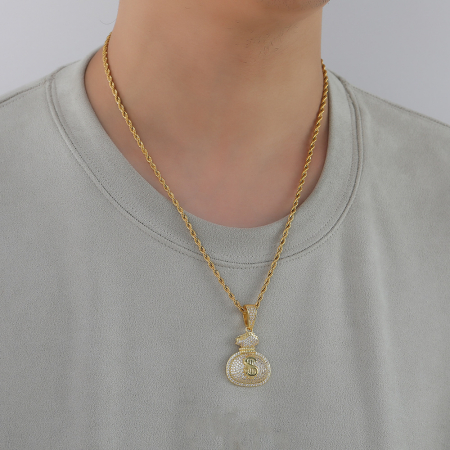 Lantisor model Rope cu pandantiv Hip Hop in forma de sac cu bani, otel inoxidabil placat cu aur 18K, pietre zirconiu, semn dolar, Tessero, auriu [1]