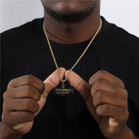 Lantisor model Rope cu pandantiv in forma de balon cu aer cald cu mesaj The World is Yours, otel inoxidabil, placat cu aur 18K, pietre zirconiu negru, Tessero, auriu [2]