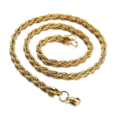 Bijuterii barbati - Lantisor model Rope cu pandantiv in forma de inger, otel inoxidabil, placat cu aur 24K, pietre zirconiu, auriu