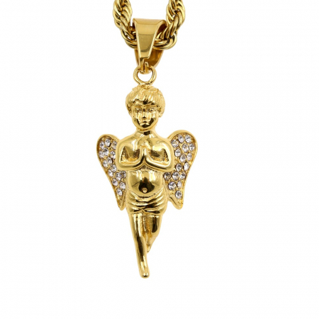 Lantisor model Rope cu pandantiv in forma de inger, otel inoxidabil, placat cu aur 24K, pietre zirconiu, auriu [3]