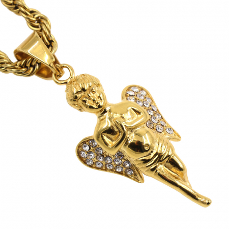Lantisor model Rope cu pandantiv in forma de inger, otel inoxidabil, placat cu aur 24K, pietre zirconiu, auriu [2]