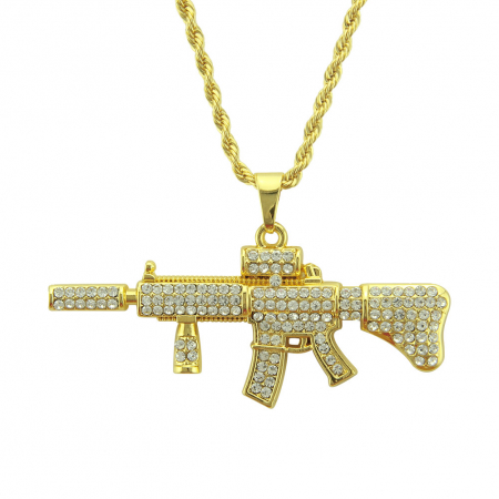 Bijuterii barbati - Lantisor model Rope cu pandantiv in forma de pusca M4A1, arma placata cu aur 18K, pietre zirconiu, Tessero, auriu