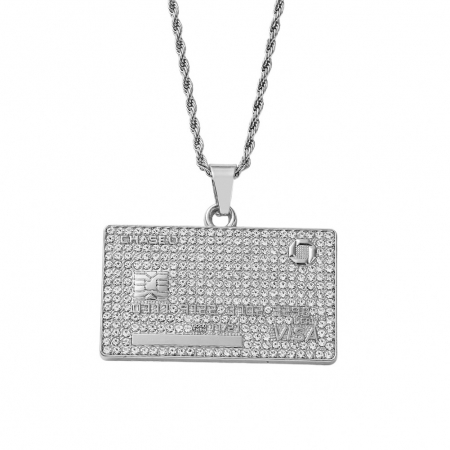 Lantisor model Rope Hip Hop cu pandantiv Iced Out in forma de card bancar, pietre zirconiu, otel inoxidabil placat cu aur 18K, Tessero, argintiu [1]