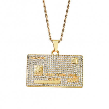 Bijuterii barbati - Lantisor model Rope Hip Hop cu pandantiv Iced Out in forma de card bancar, pietre zirconiu, otel inoxidabil placat cu aur 18K, Tessero, auriu