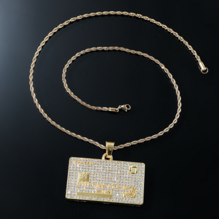 Lantisor model Rope Hip Hop cu pandantiv Iced Out in forma de card bancar, pietre zirconiu, otel inoxidabil placat cu aur 18K, Tessero, auriu [1]