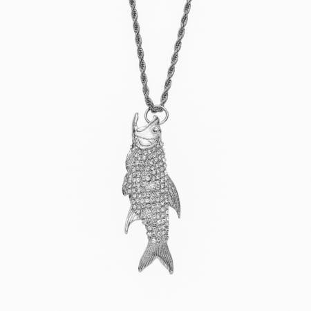 Bijuterii barbati - Lantisor model Rope Hip Hop cu pandantiv Iced Out in forma de peste, pietre zirconiu, otel inoxidabil placat cu aur 18K, Tessero, argintiu