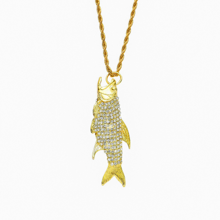 Lantisor model Rope Hip Hop cu pandantiv Iced Out in forma de peste, pietre zirconiu, otel inoxidabil placat cu aur 18K, Tessero, auriu [1]