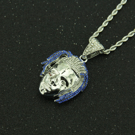 Lantisor model Rope Hip Hop cu pandantiv in forma de avatar rapper, pietre zirconiu, otel inoxidabil placat cu aur 18K, Tessero, argintiu [1]