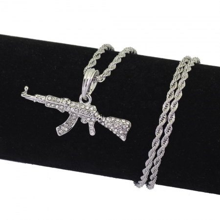 Bijuterii barbati - Lantisor Rope cu pandantiv Ak47, insertii de zirconiu, placat cu aur 18K, argintiu