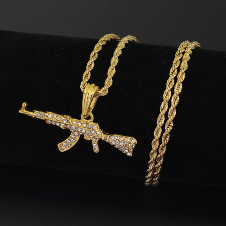 Lantisor Rope cu pandantiv Ak47, insertii de zirconiu, placat cu aur 18K, auriu [1]