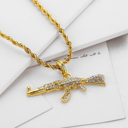 Lantisor Rope cu pandantiv Ak47, insertii de zirconiu, placat cu aur 18K, auriu [2]