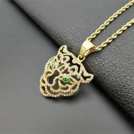 Lantisor Rope cu pandantiv in forma de jaguar, pietre zirconiu, otel inoxidabil, placat cu aur 18K, auriu [1]