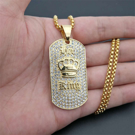 Lantisor si pandantiv placuta identificare nume "King", pietre zirconiu, otel inoxidabil, placat cu aur 18K, auriu [2]