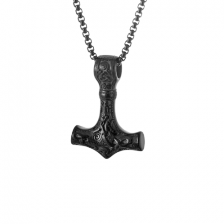 Bijuterii barbati - Lantisor Viking design cubic cu pandantiv in forma de ciocanul lui Thor, otel inoxidabil, Tessero, negru