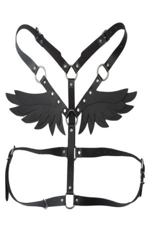 Lenjerie sexy - Lenjerie sexy de dama din hamuri cu tinte si aripi, piele ecologica, marime universala, Tessero, negru