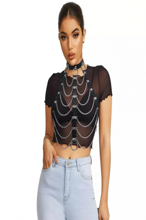 Lenjerie sexy - Lenjerie sexy din piele de dama, model tip ham cu choker si lanturi, marime universala, Tessero, negru