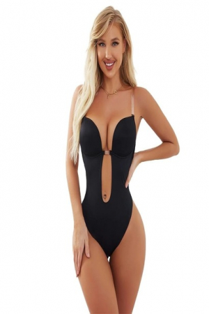 Lenjerie tip body modelator fara spate, in forma de U, sutien cu push-up, corset cu efect de slabire, tanga, Tessero, marime L INTL, negru [2]