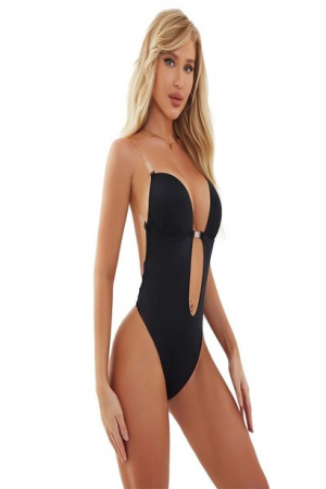 Lenjerie modelatoare - Lenjerie tip body modelator fara spate, in forma de U, sutien cu push-up, corset cu efect de slabire, tanga, Tessero, marime S INTL, negru