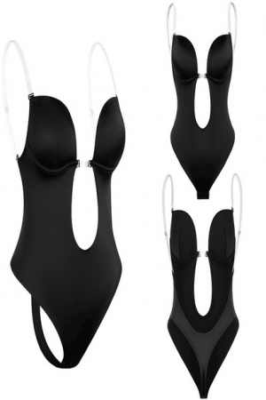 Lenjerie tip body modelator fara spate, in forma de U, sutien cu push-up, corset cu efect de slabire, tanga, Tessero, marime XL INTL, negru [3]